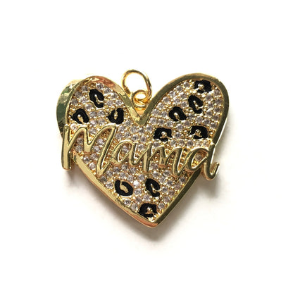 10pcs/lot CZ Paved Leopard Print Mom Heart Charms for Mother's Day Gold CZ Paved Charms Hearts Leopard Printed Mother's Day New Charms Arrivals Charms Beads Beyond