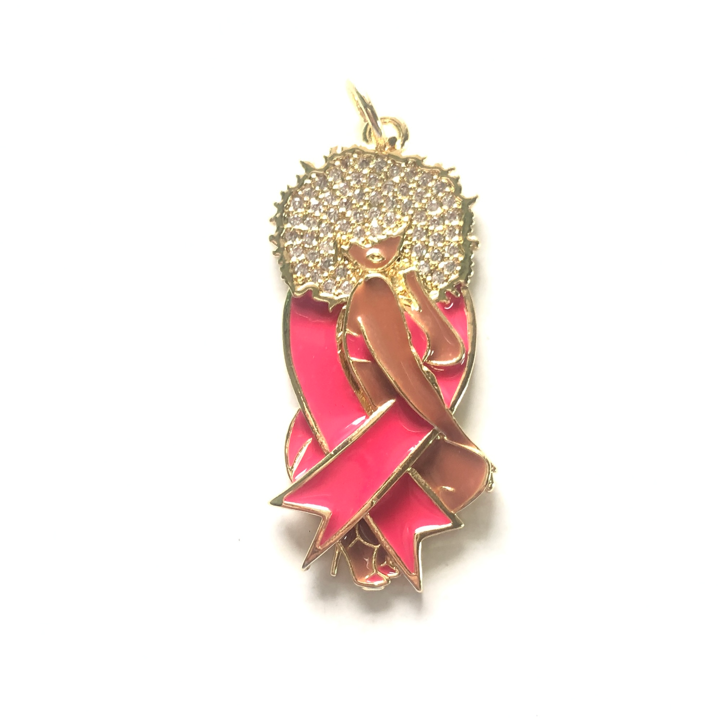 10pcs/lot Pink Ribbon CZ Pave Afro Black Girl Charms for Breast Cancer Awareness Gold CZ Paved Charms Afro Girl/Queen Charms Breast Cancer Awareness Charms Beads Beyond