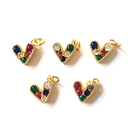 10pcs/lot 10*9.5mm Small Size Multicolor Colorful CZ Paved Heart Charms Multicolor on Gold CZ Paved Charms Colorful Zirconia Hearts New Charms Arrivals Small Sizes Charms Beads Beyond