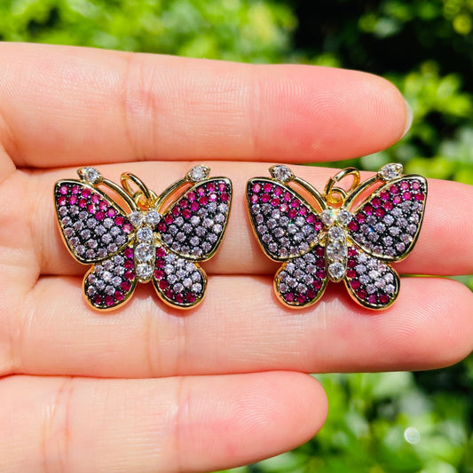 5pcs/lot 25*20mm Fuchsia Pink CZ Paved Gold Butterfly Charms CZ Paved Charms Butterflies Colorful Zirconia New Charms Arrivals Charms Beads Beyond