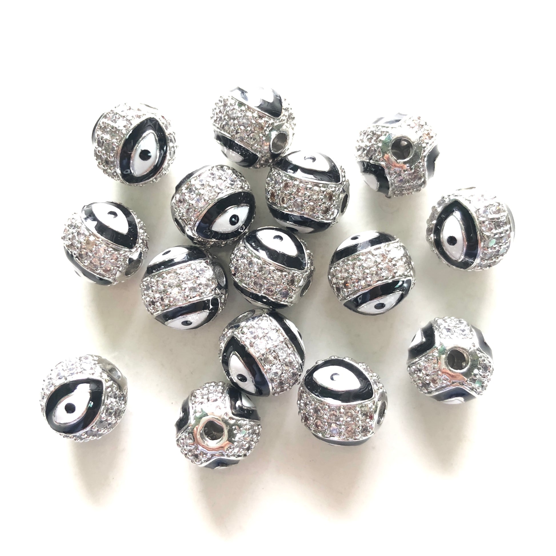 10pcs/lot 10mm CZ Paved Silver Evil Eye Spacers Black CZ Paved Spacers 10mm Beads Ball Beads New Spacers Arrivals Charms Beads Beyond