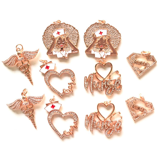 10pcs/lot Mix Nurse Girl Nurse Hero Heart Super Nurse Medical Sign Charms Set- Rose Gold CZ Paved Charms Mix Charms Nurse Inspired Charms Beads Beyond