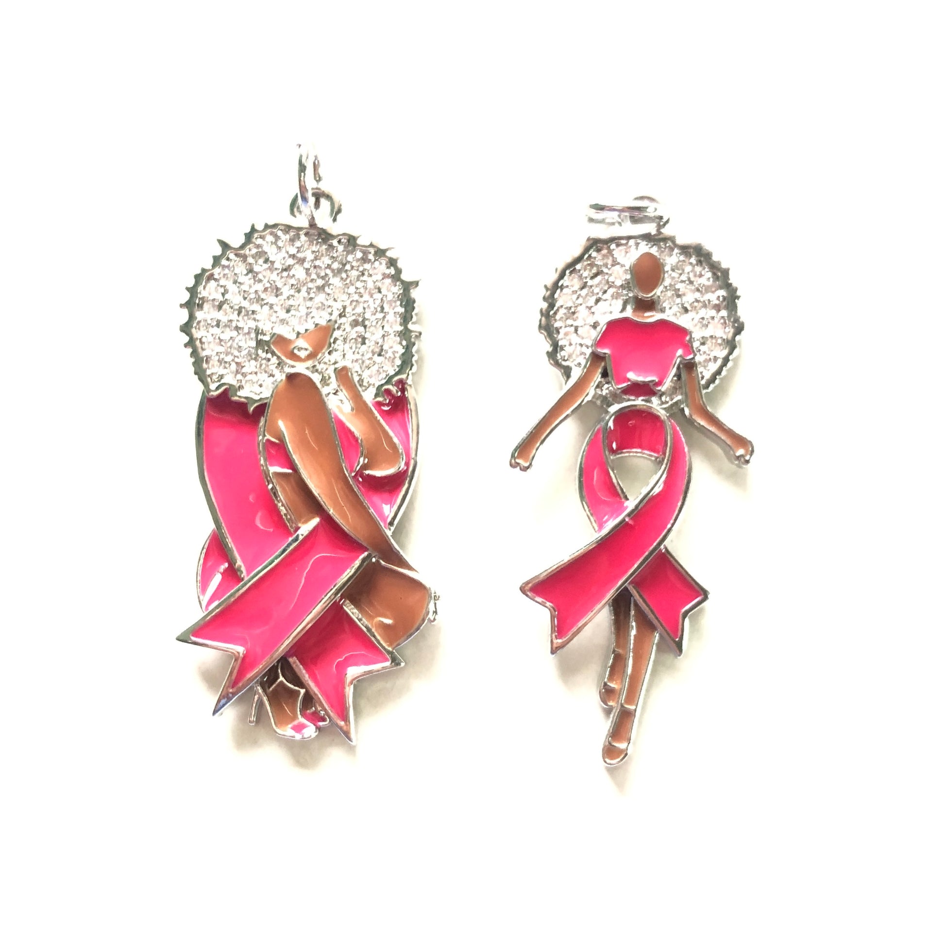 10pcs/lot Breast Cancer Awareness Enamel Pink Ribbon CZ Pave Afro Black Girl Mix Charms Bundle Silver-5 each styles CZ Paved Charms Breast Cancer Awareness Mix Charms New Charms Arrivals Charms Beads Beyond