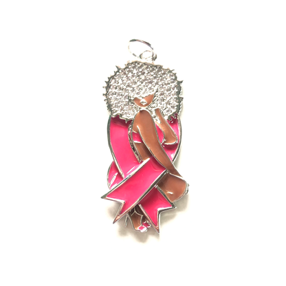 10pcs/lot Pink Ribbon CZ Pave Afro Black Girl Charms for Breast Cancer Awareness Silver CZ Paved Charms Afro Girl/Queen Charms Breast Cancer Awareness Charms Beads Beyond