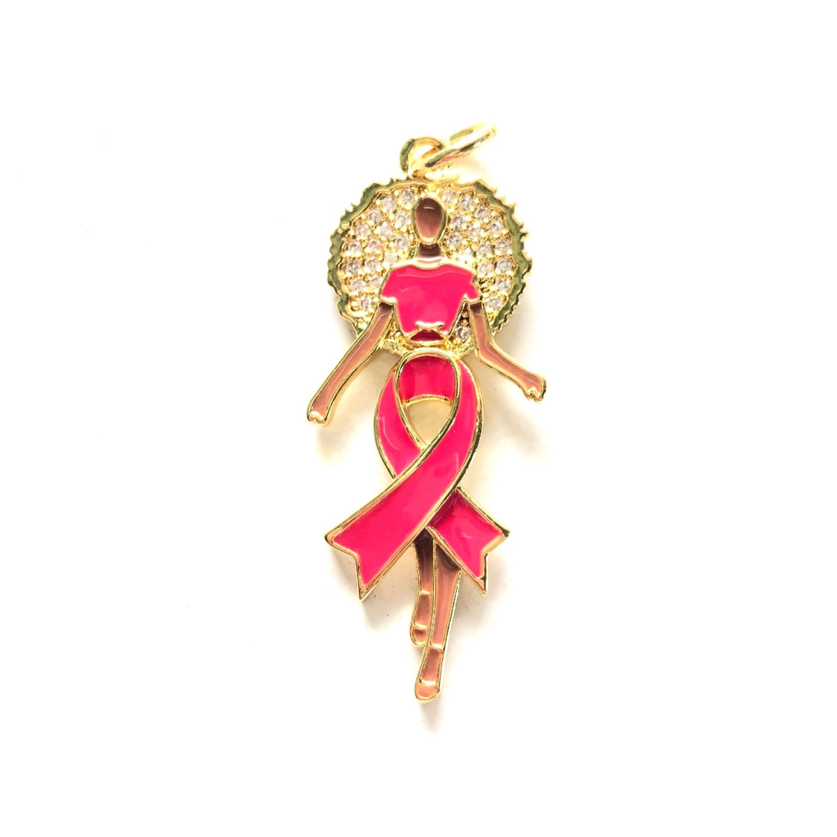 10pcs/lot Enamel Pink Ribbon CZ Pave Afro Black Girl Charms for Breast Cancer Awareness Gold CZ Paved Charms Afro Girl/Queen Charms Breast Cancer Awareness New Charms Arrivals Charms Beads Beyond