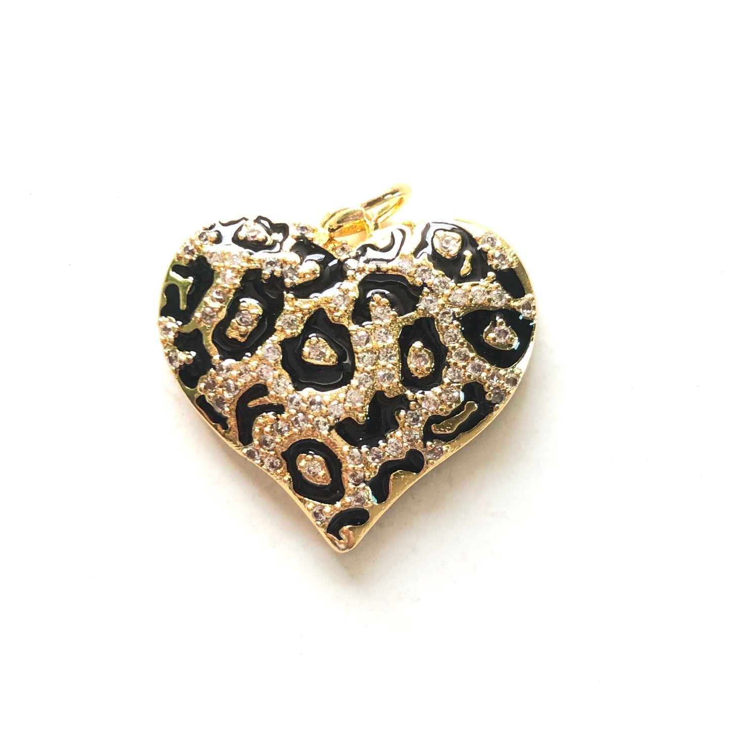 10pcs/lot 24.5*22mm CZ Paved Black Leopard Print Heart Charm Pendants Gold CZ Paved Charms Hearts Leopard Printed New Charms Arrivals Charms Beads Beyond