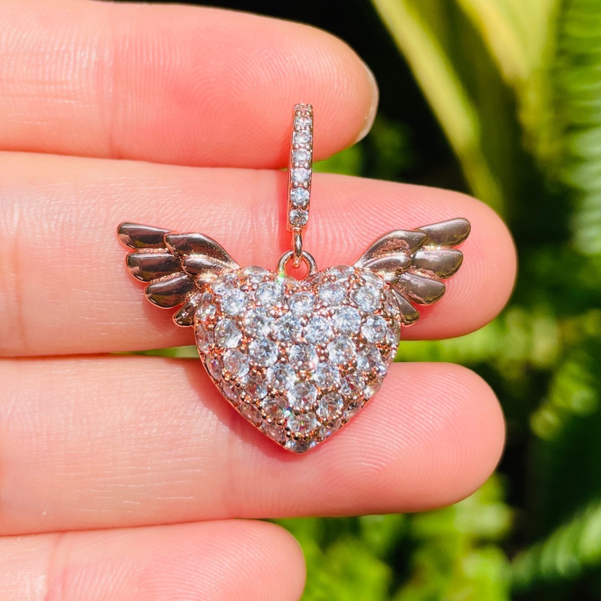10pcs/lot 29.2*18.6mm CZ Paved Angel Wing 3D Heart Charms Rose Gold CZ Paved Charms Hearts New Charms Arrivals Charms Beads Beyond