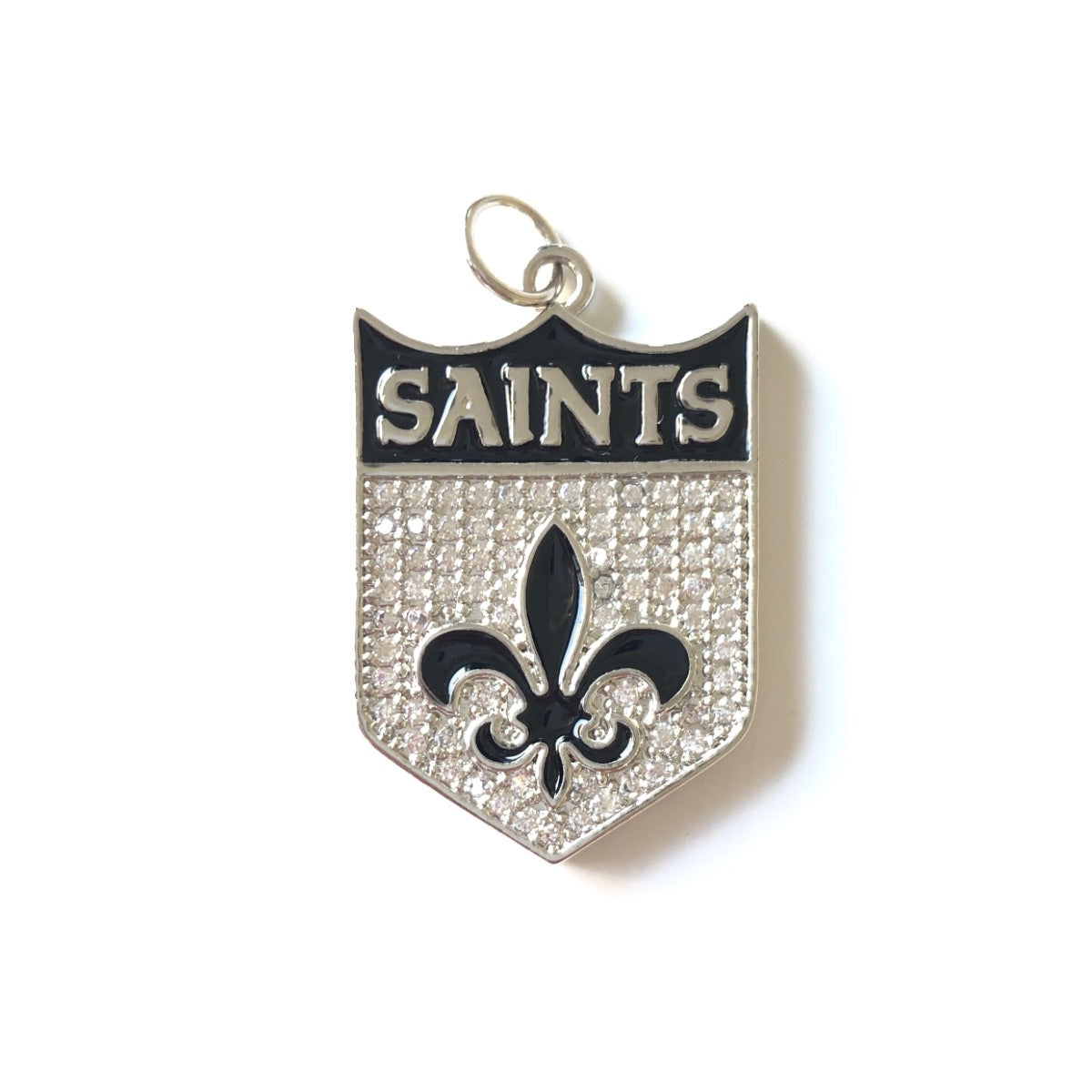 10pcs/lot 31*20mm Fleur De Lis CZ Saints Shield Charms CZ Paved Charms American Football Sports Louisiana Inspired New Charms Arrivals Charms Beads Beyond