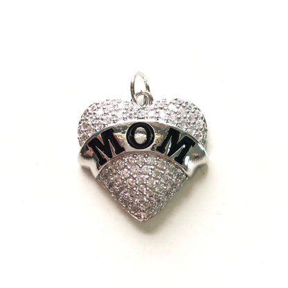 10pcs/lot CZ Pave Mom Heart Word Charms-Mother's Day Silver CZ Paved Charms Hearts Mother's Day New Charms Arrivals Charms Beads Beyond