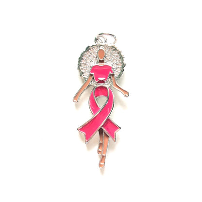 10pcs/lot Enamel Pink Ribbon CZ Pave Afro Black Girl Charms for Breast Cancer Awareness Silver CZ Paved Charms Afro Girl/Queen Charms Breast Cancer Awareness New Charms Arrivals Charms Beads Beyond