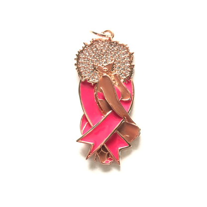 10pcs/lot Pink Ribbon CZ Pave Afro Black Girl Charms for Breast Cancer Awareness Rose Gold CZ Paved Charms Afro Girl/Queen Charms Breast Cancer Awareness Charms Beads Beyond