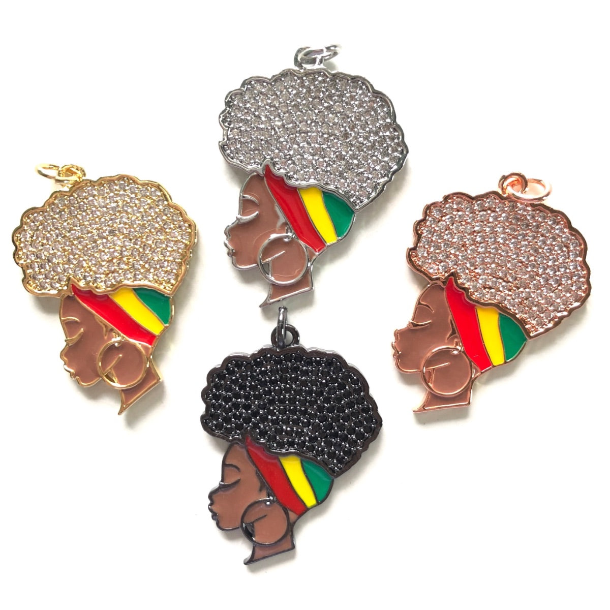 10pcs/lot 36*26mm CZ Paved Red Yellow Green Headband Afro Girl Charms for Juneteenth Black History Awareness CZ Paved Charms Afro Girl/Queen Charms Juneteenth & Black History Month Awareness New Charms Arrivals Charms Beads Beyond