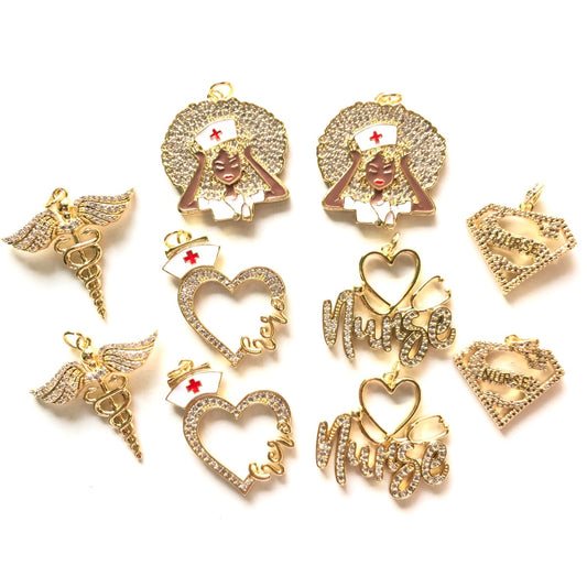 10pcs/lot Mix Nurse Girl Nurse Hero Heart Super Nurse Medical Sign Charms Set- Gold CZ Paved Charms Mix Charms Nurse Inspired Charms Beads Beyond