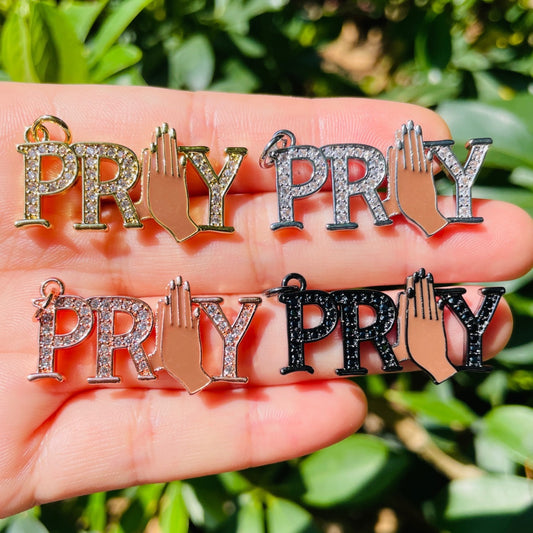 10pcs/lot 35*18mm CZ Pave Praying Hands Pray Word Charms Mix Colors CZ Paved Charms Christian Quotes New Charms Arrivals Words & Quotes Charms Beads Beyond