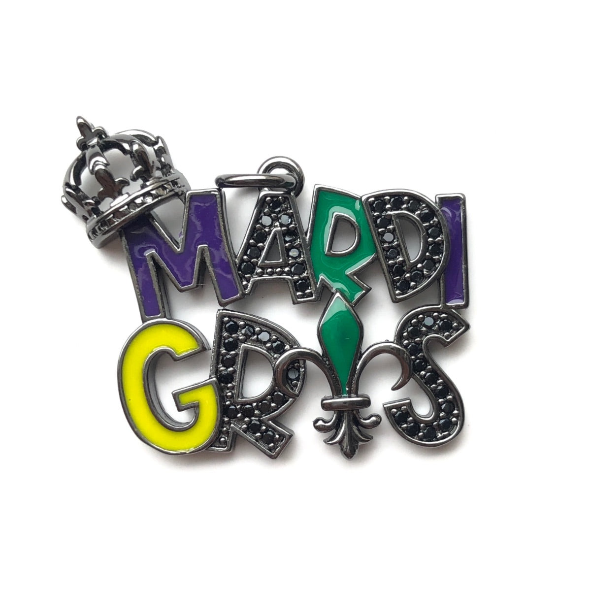 cz pave Mardi Gras charms, Let's Mardi yall, 32*25mm, sold per pkg