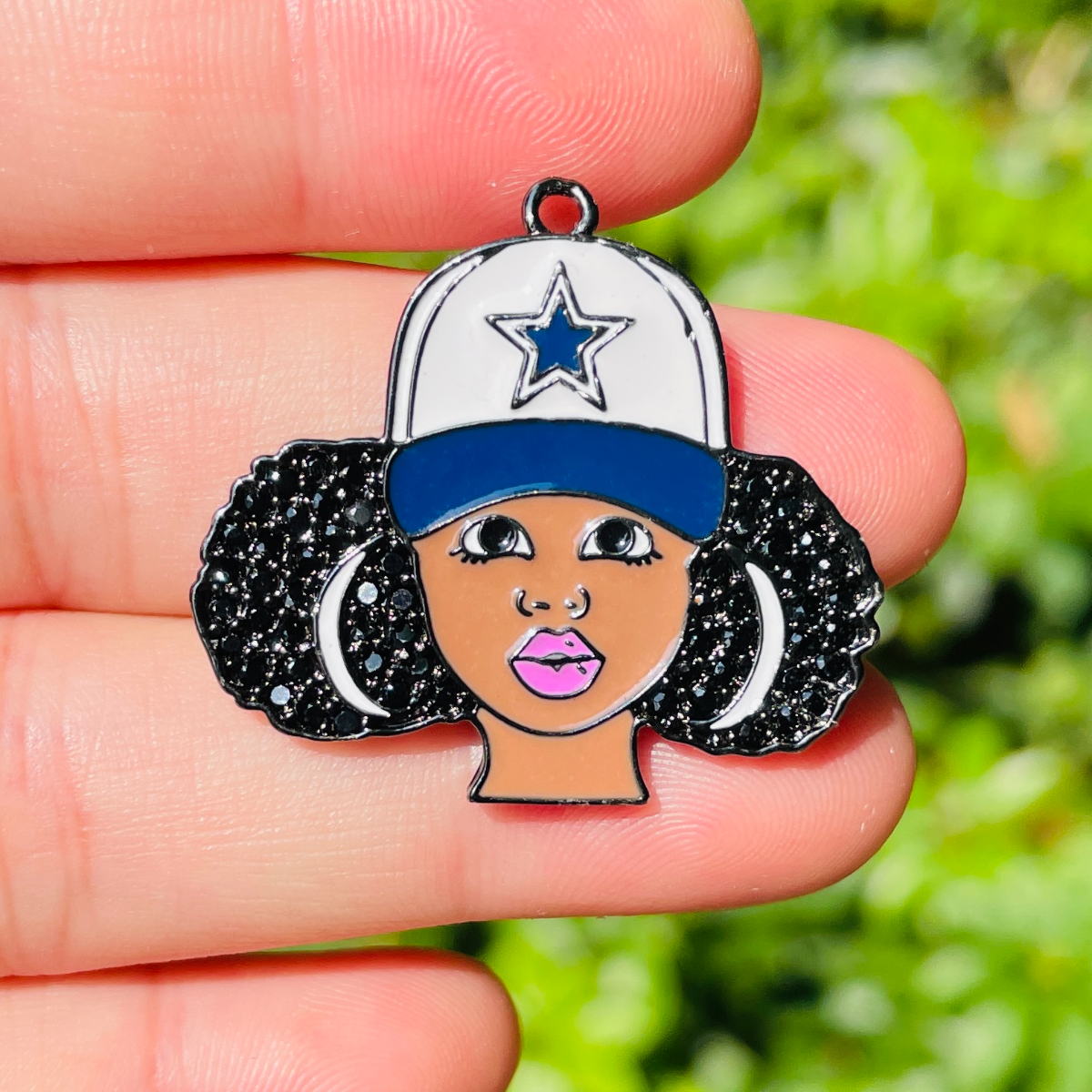 10pcs/lot 32.8*29.5mm CZ Paved Cowboys Black Girl Charms Black on Black CZ Paved Charms Afro Girl/Queen Charms American Football Sports New Charms Arrivals Charms Beads Beyond