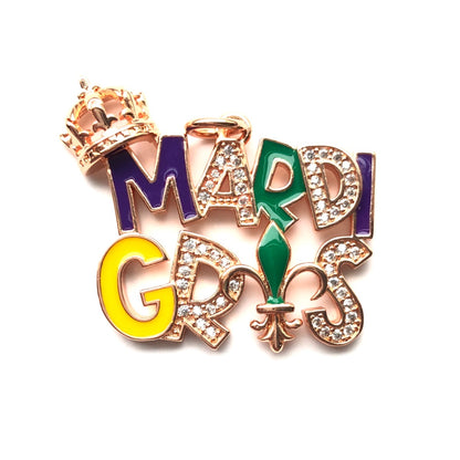 10pcs/lot CZ Paved Crown Mardi Gras Word Charm Pendants Rose Gold CZ Paved Charms Mardi Gras New Charms Arrivals Charms Beads Beyond