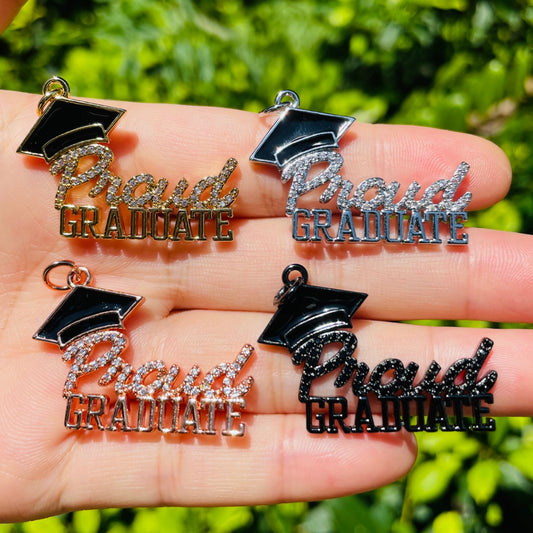 10pcs/lot 34.5*24.5mm CZ Pave Proud Graduate Word Charms for Graduation Mix Colors CZ Paved Charms Graduation New Charms Arrivals Words & Quotes Charms Beads Beyond