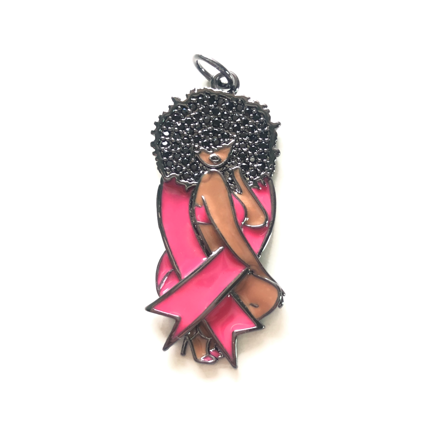 10pcs/lot Pink Ribbon CZ Pave Afro Black Girl Charms for Breast Cancer Awareness Black on Black CZ Paved Charms Afro Girl/Queen Charms Breast Cancer Awareness Charms Beads Beyond