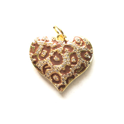 10/lot 24.5*22mm CZ Paved Brown Leopard Print Heart Charm Pendants Gold CZ Paved Charms Hearts Leopard Printed New Charms Arrivals Charms Beads Beyond