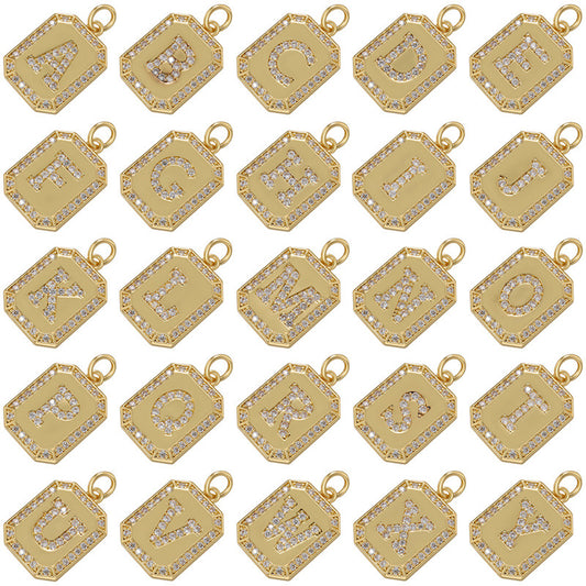 10-26pcs/lot 21.5*13mm CZ Square Initial Letter Alphabet Charms-Gold & Silver Gold CZ Paved Charms Initials & Numbers Charms Beads Beyond