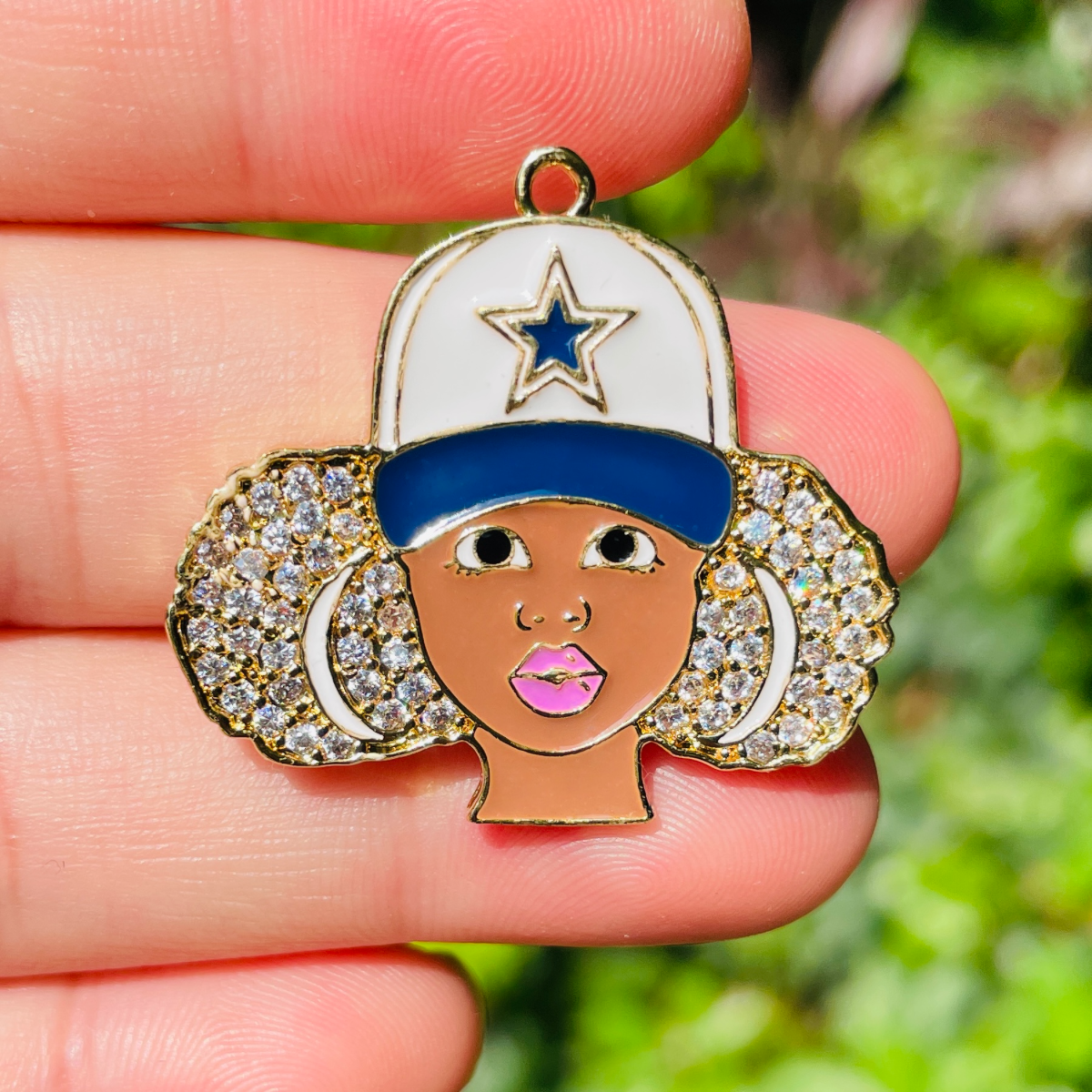 10pcs/lot 32.8*29.5mm CZ Paved Cowboys Black Girl Charms Gold CZ Paved Charms Afro Girl/Queen Charms American Football Sports New Charms Arrivals Charms Beads Beyond