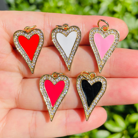 10pcs/lot 23.4*14.6mm Red, Pink, White, Black, Fuchsia Enamel CZ Pave Heart Charms-Gold Mix Colors CZ Paved Charms Hearts New Charms Arrivals Charms Beads Beyond