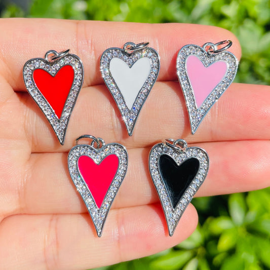 10pcs/lot 23.4*14.6mm Red, Pink, White, Black, Fuchsia Enamel CZ Pave Heart Charms-Silver Mix Colors CZ Paved Charms Hearts New Charms Arrivals Charms Beads Beyond