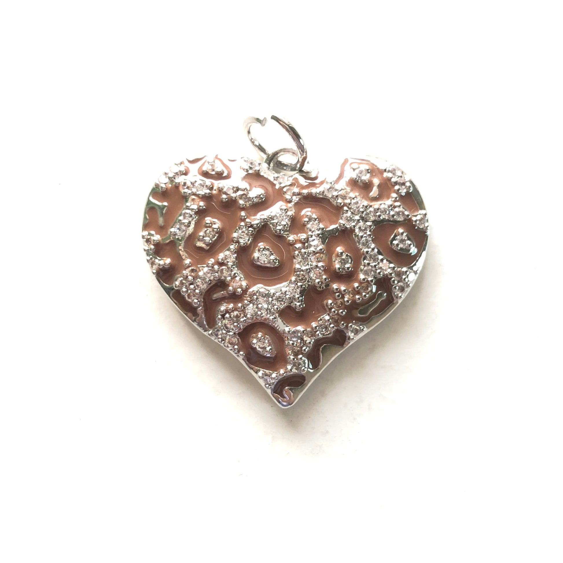 10/lot 24.5*22mm CZ Paved Brown Leopard Print Heart Charm Pendants Silver CZ Paved Charms Hearts Leopard Printed New Charms Arrivals Charms Beads Beyond