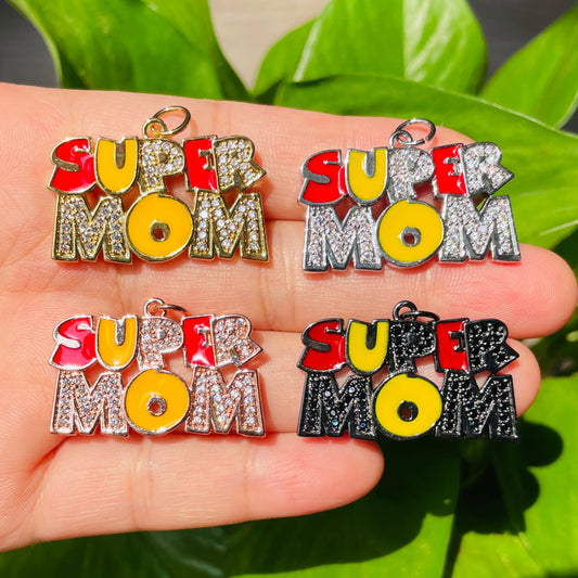 10pcs/lot CZ Pave Super Mom Word Charms-Mother's Day Mix Colors CZ Paved Charms Mother's Day New Charms Arrivals Charms Beads Beyond