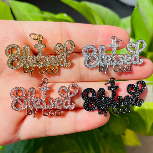 10pcs/lot 38*22mm CZ Paved Blessed By God World Charms Mix Colors CZ Paved Charms Christian Quotes New Charms Arrivals Charms Beads Beyond