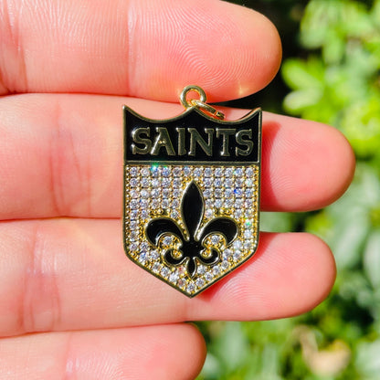 10pcs/lot 31*20mm Fleur De Lis CZ Saints Shield Charms Gold CZ Paved Charms American Football Sports Louisiana Inspired New Charms Arrivals Charms Beads Beyond