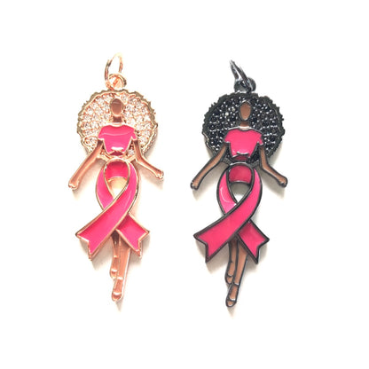 10pcs/lot Enamel Pink Ribbon CZ Pave Afro Black Girl Charms for Breast Cancer Awareness CZ Paved Charms Afro Girl/Queen Charms Breast Cancer Awareness New Charms Arrivals Charms Beads Beyond