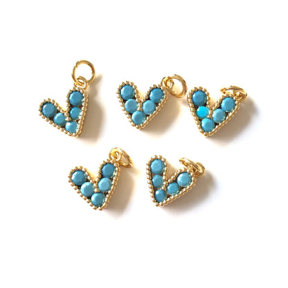 10pcs/lot 10*9.5mm Small Size Multicolor Colorful CZ Paved Heart Charms Turquoise on Gold CZ Paved Charms Colorful Zirconia Hearts New Charms Arrivals Small Sizes Charms Beads Beyond