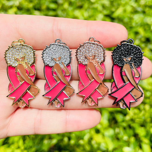 10pcs/lot Pink Ribbon CZ Pave Afro Black Girl Charms for Breast Cancer Awareness CZ Paved Charms Afro Girl/Queen Charms Breast Cancer Awareness Charms Beads Beyond