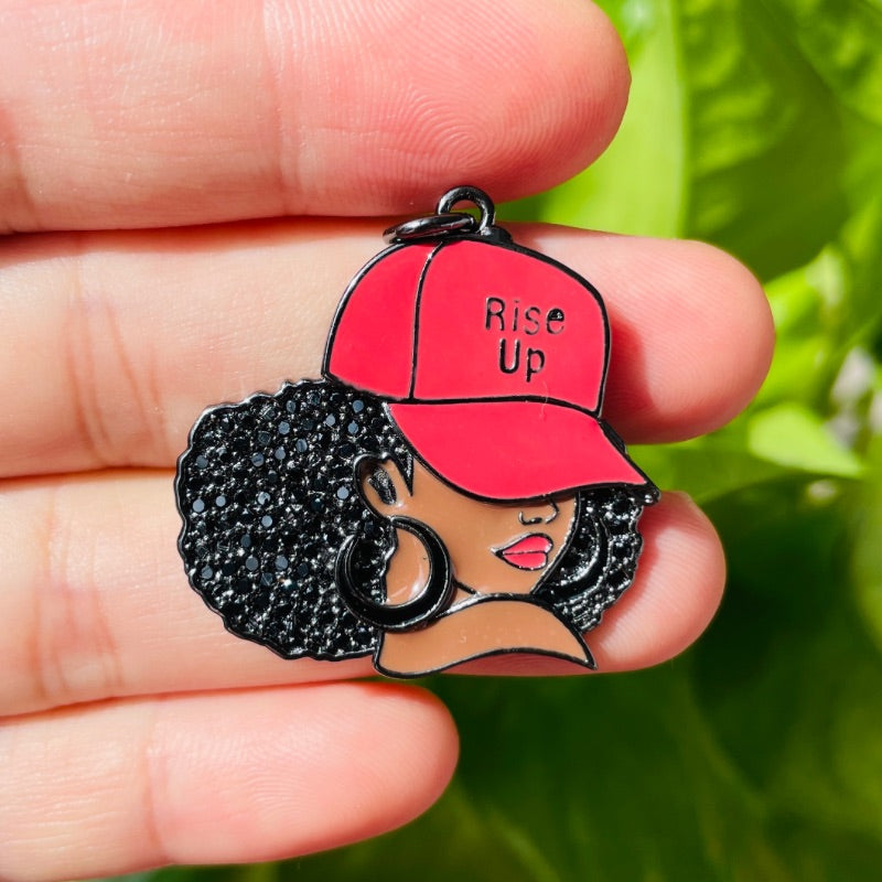 10pcs/lot CZ Paved Atlanta FALCON Rise Up Afro Black Girl Charms Black on Black CZ Paved Charms Afro Girl/Queen Charms American Football Sports New Charms Arrivals Charms Beads Beyond