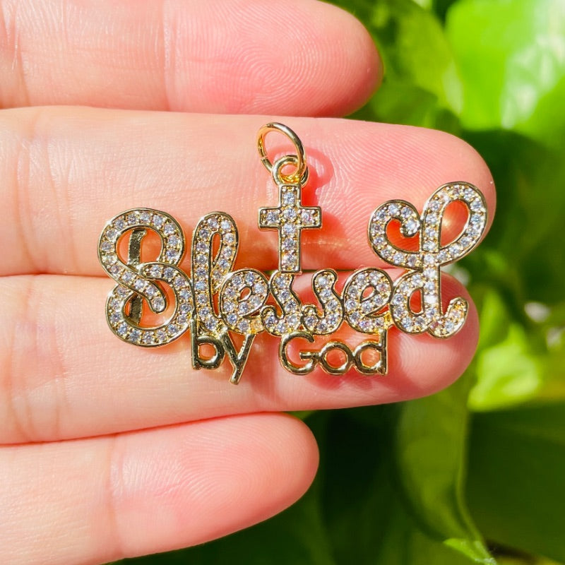 10pcs/lot 38*22mm CZ Paved Blessed By God World Charms CZ Paved Charms Christian Quotes New Charms Arrivals Charms Beads Beyond