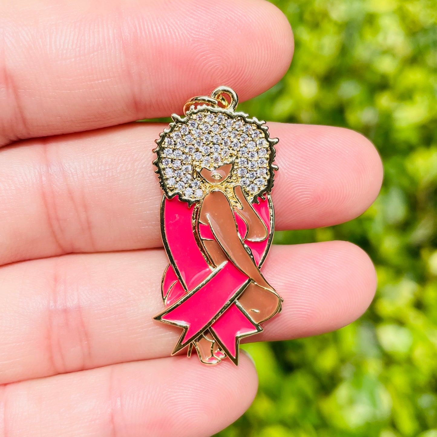 10pcs/lot Pink Ribbon CZ Pave Afro Black Girl Charms for Breast Cancer Awareness CZ Paved Charms Afro Girl/Queen Charms Breast Cancer Awareness Charms Beads Beyond