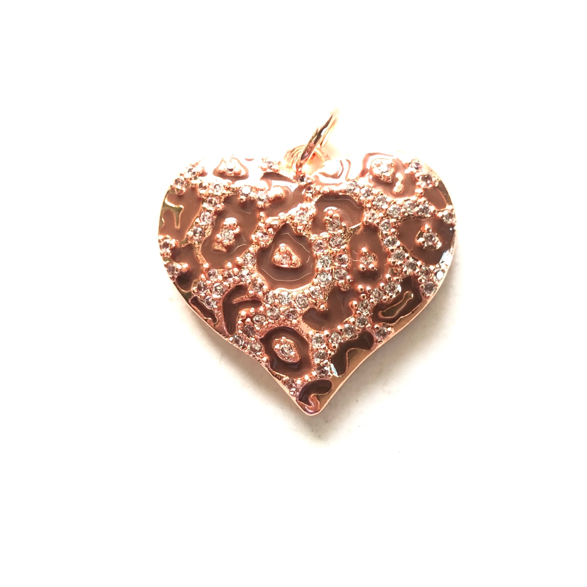10/lot 24.5*22mm CZ Paved Brown Leopard Print Heart Charm Pendants Rose Gold CZ Paved Charms Hearts Leopard Printed New Charms Arrivals Charms Beads Beyond