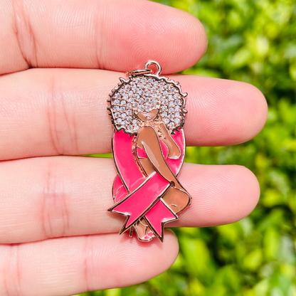 10pcs/lot Pink Ribbon CZ Pave Afro Black Girl Charms for Breast Cancer Awareness CZ Paved Charms Afro Girl/Queen Charms Breast Cancer Awareness Charms Beads Beyond