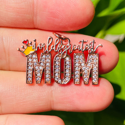 10pcs/lot CZ Pave World's Greatest Mom Word Charms-Mother's Day Rose Gold CZ Paved Charms Mother's Day New Charms Arrivals Charms Beads Beyond