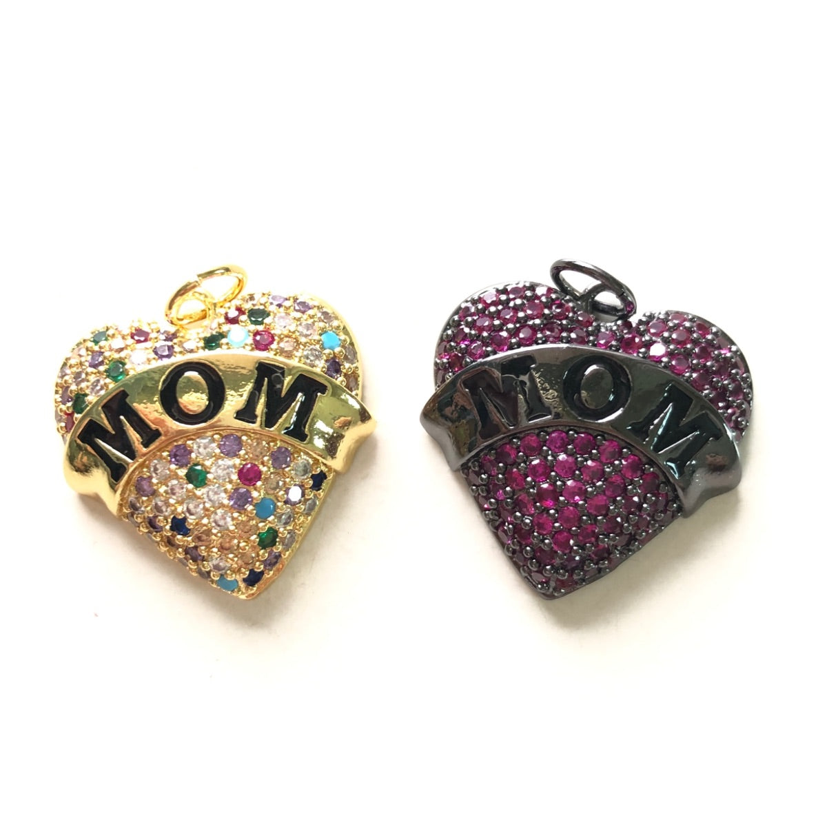 10pcs/lot Multicolor Fuchsia CZ Pave Mom Heart Word Charms-Mother's Day Mix Colors CZ Paved Charms Hearts Mother's Day New Charms Arrivals Charms Beads Beyond