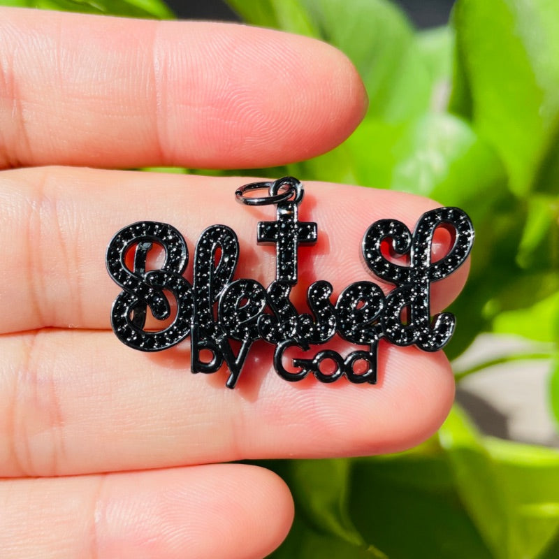 10pcs/lot 38*22mm CZ Paved Blessed By God World Charms CZ Paved Charms Christian Quotes New Charms Arrivals Charms Beads Beyond