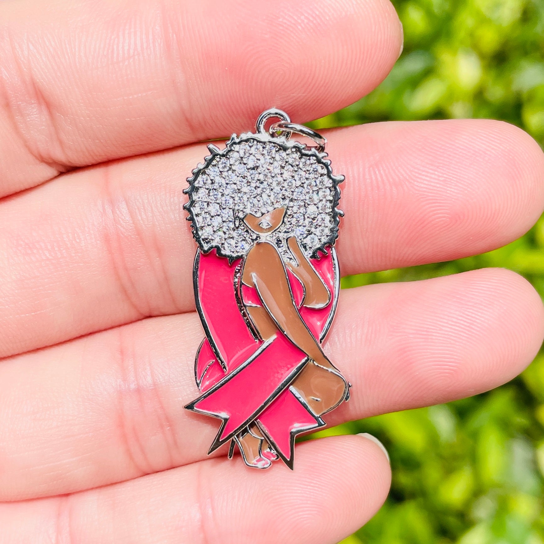 10pcs/lot Pink Ribbon CZ Pave Afro Black Girl Charms for Breast Cancer Awareness CZ Paved Charms Afro Girl/Queen Charms Breast Cancer Awareness Charms Beads Beyond