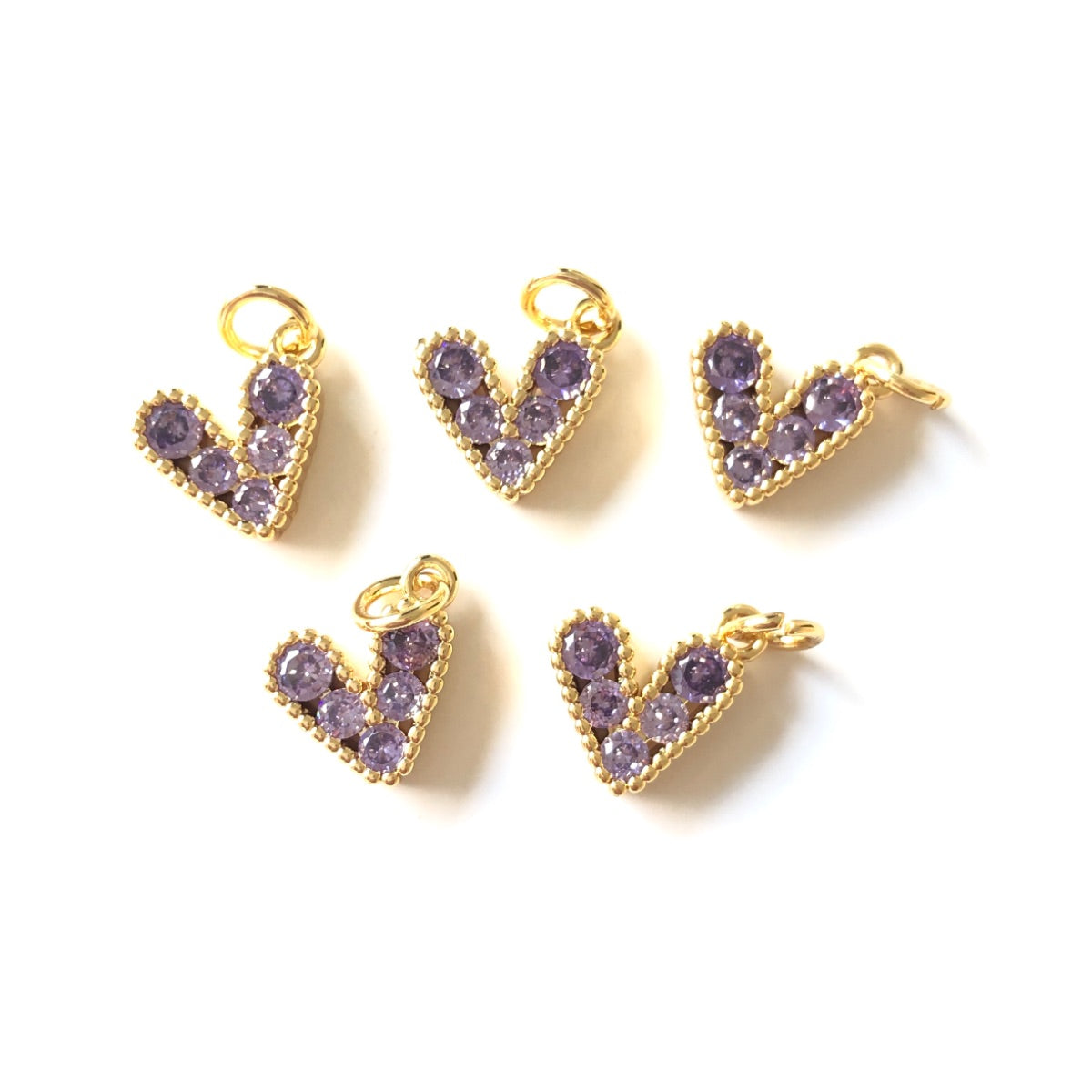 10pcs/lot 10*9.5mm Small Size Multicolor Colorful CZ Paved Heart Charms Purple on Gold CZ Paved Charms Colorful Zirconia Hearts New Charms Arrivals Small Sizes Charms Beads Beyond