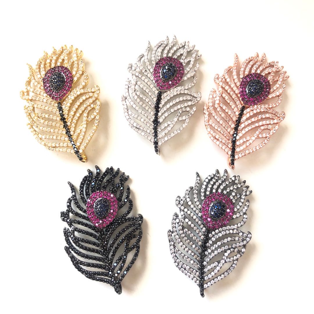 5pcs/lot 45*28mm CZ Paved Peacock Feather Charms CZ Paved Charms Feathers Large Sizes Charms Beads Beyond