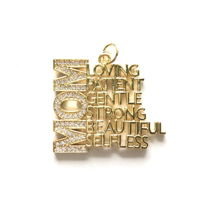 10pcs/lot CZ Pave Mom is Loving Patient Gentle Strong Beautiful Selfless Word Charms-Mother's Day Gold CZ Paved Charms Mother's Day New Charms Arrivals Words & Quotes Charms Beads Beyond