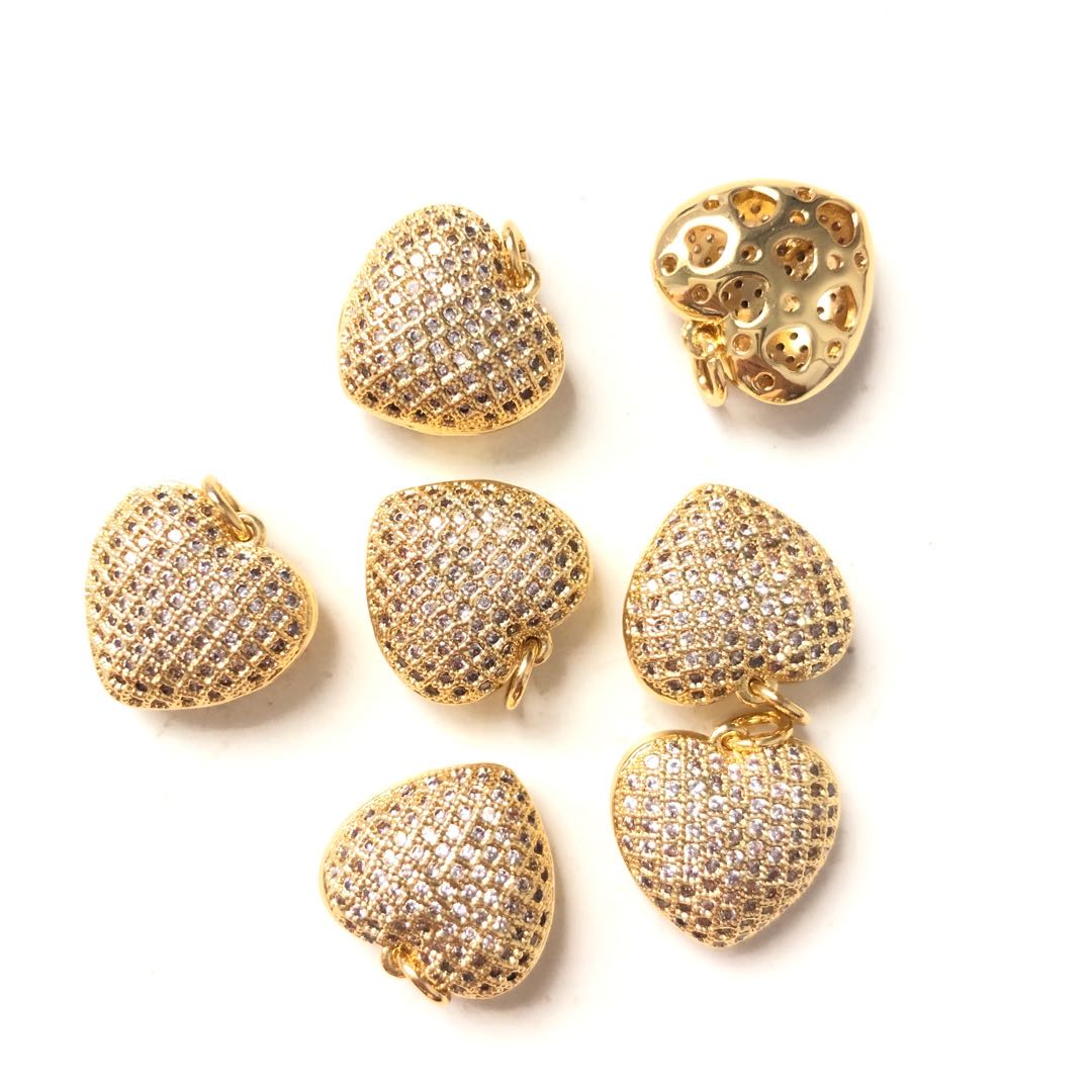 10pcs/lot 15.6*15.2mm Small Size CZ Paved 3D Heart Charms Gold CZ Paved Charms Hearts On Sale Charms Beads Beyond