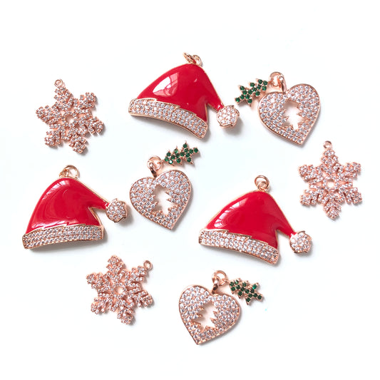 9pcs/lot Mix Santa Hat, Snowflakes, Christmas Tree Charms Set-Rose Gold CZ Paved Charms Christmas Charms Beads Beyond