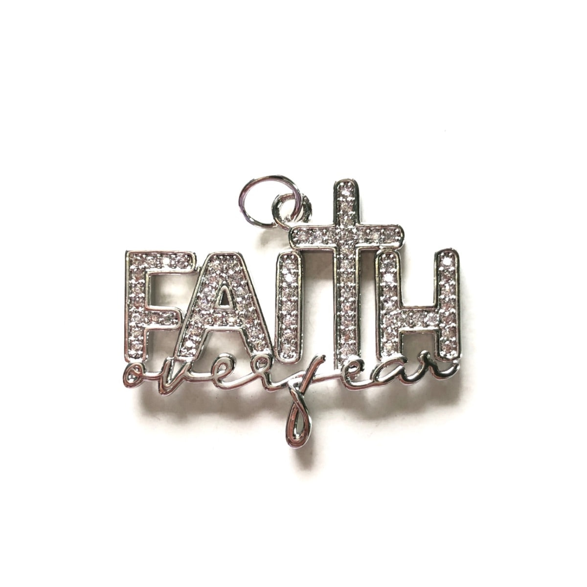 10pcs/lot CZ Paved Faith Over Fear Word Charms Silver CZ Paved Charms Christian Quotes New Charms Arrivals Charms Beads Beyond